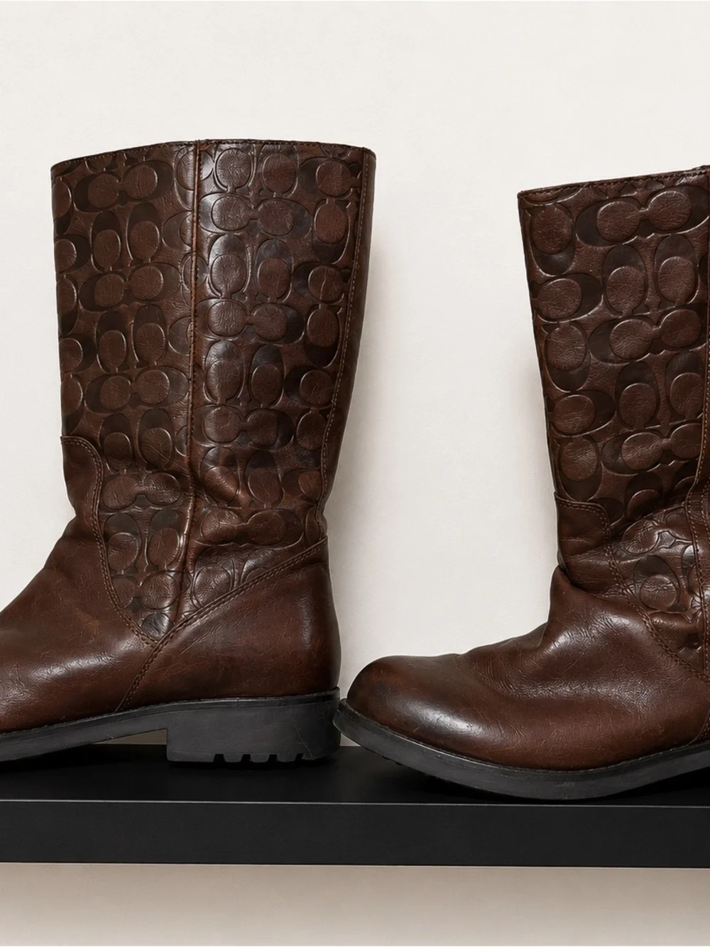 Coach Brown Embossed Leather Lace-Up Mid-Calf Boots